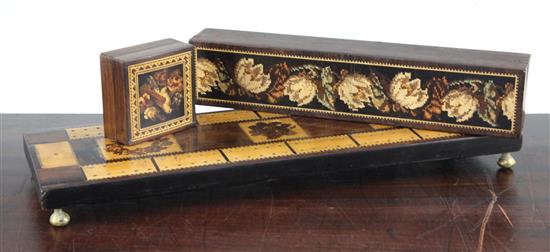 Tunbridge ware box & cover, and another box and cover & cribbage board